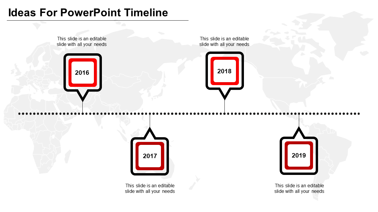 Timeline infographic featuring four square pointers with bold black outlines and red details, set on a world map backdrop.