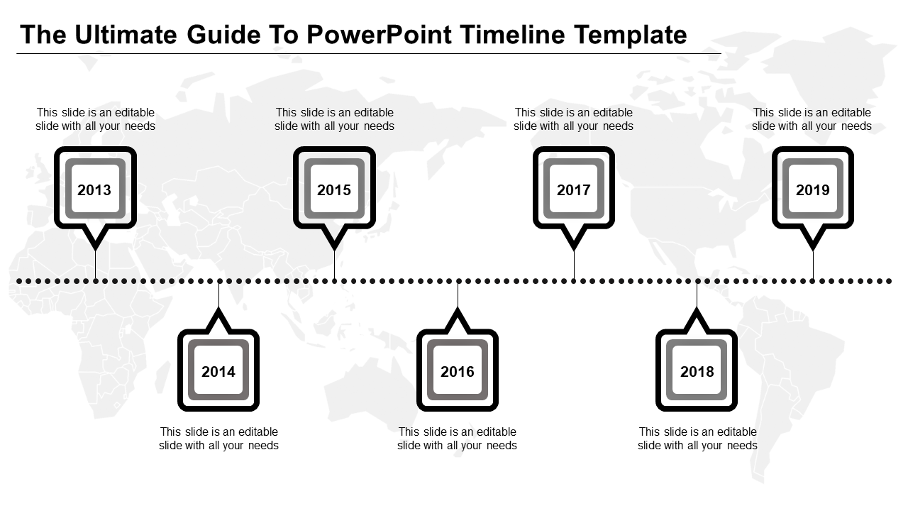 Timeline slide displaying seven square pointers with black outlines and gray details, linked along a world map background.