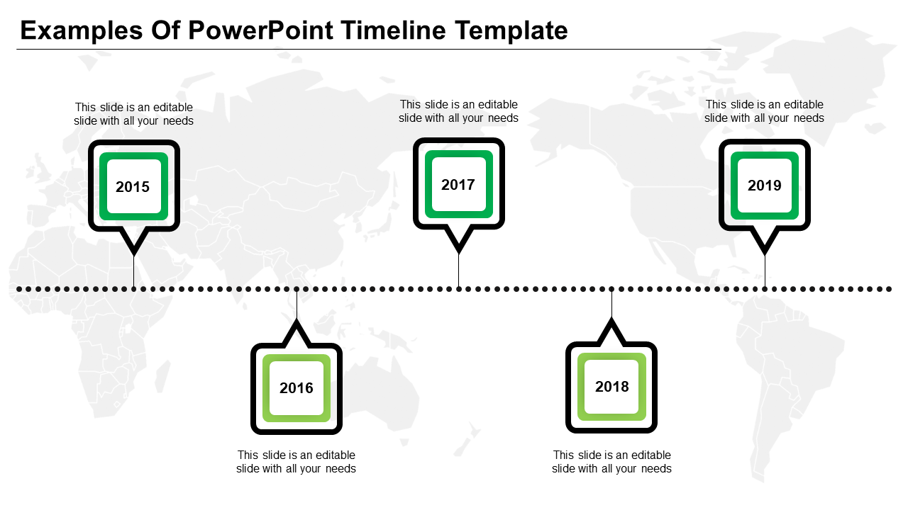 Modern timeline infographic with square year markers from 2015-2019, bordered in black and green.
