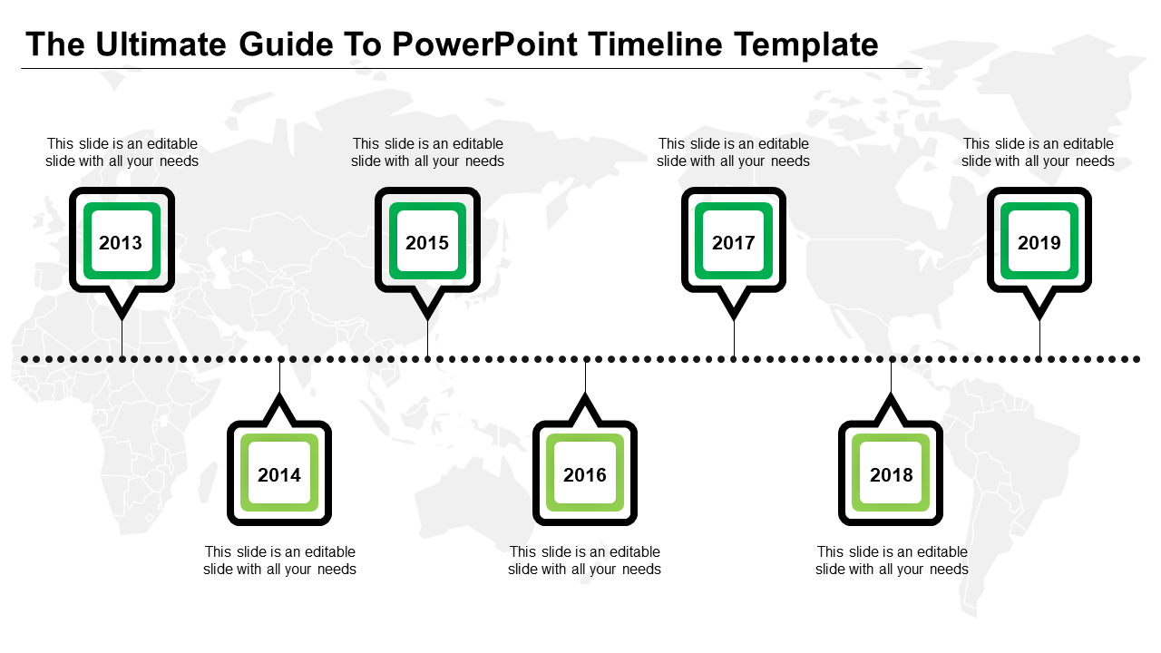 Timeline slide marking seven milestones from 2013 to 2019, each represented by a square marker in black and green.