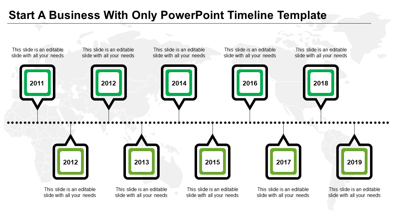 Horizontal green timeline with square markers from 2011-2019, linked by a dotted line, over a subtle world map design.