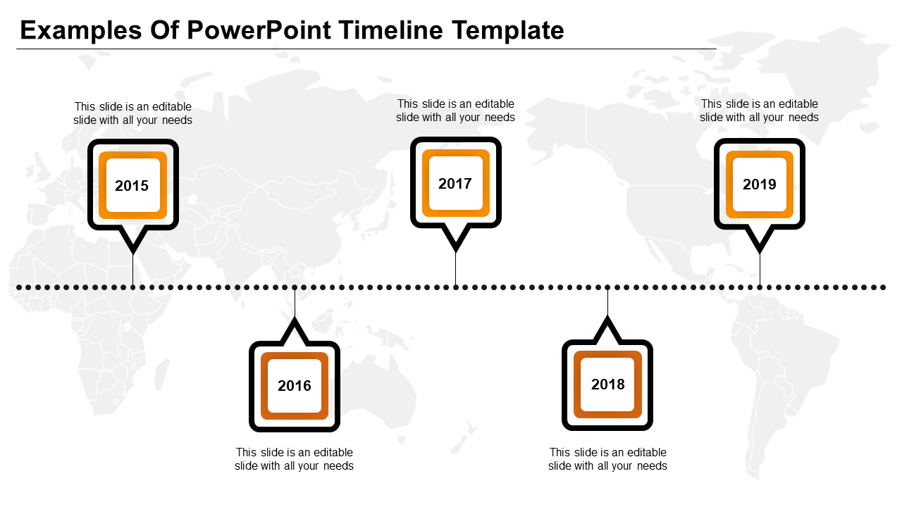 Timeline slide with five events marked in black and orange square shaped pointers, connected in a horizontal flow.