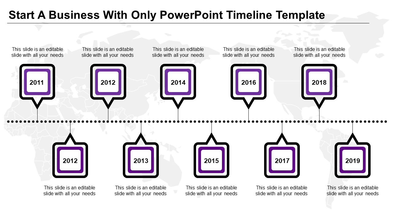 Business timeline featuring alternating square milestones from 2011-2019, with black and purple borders.