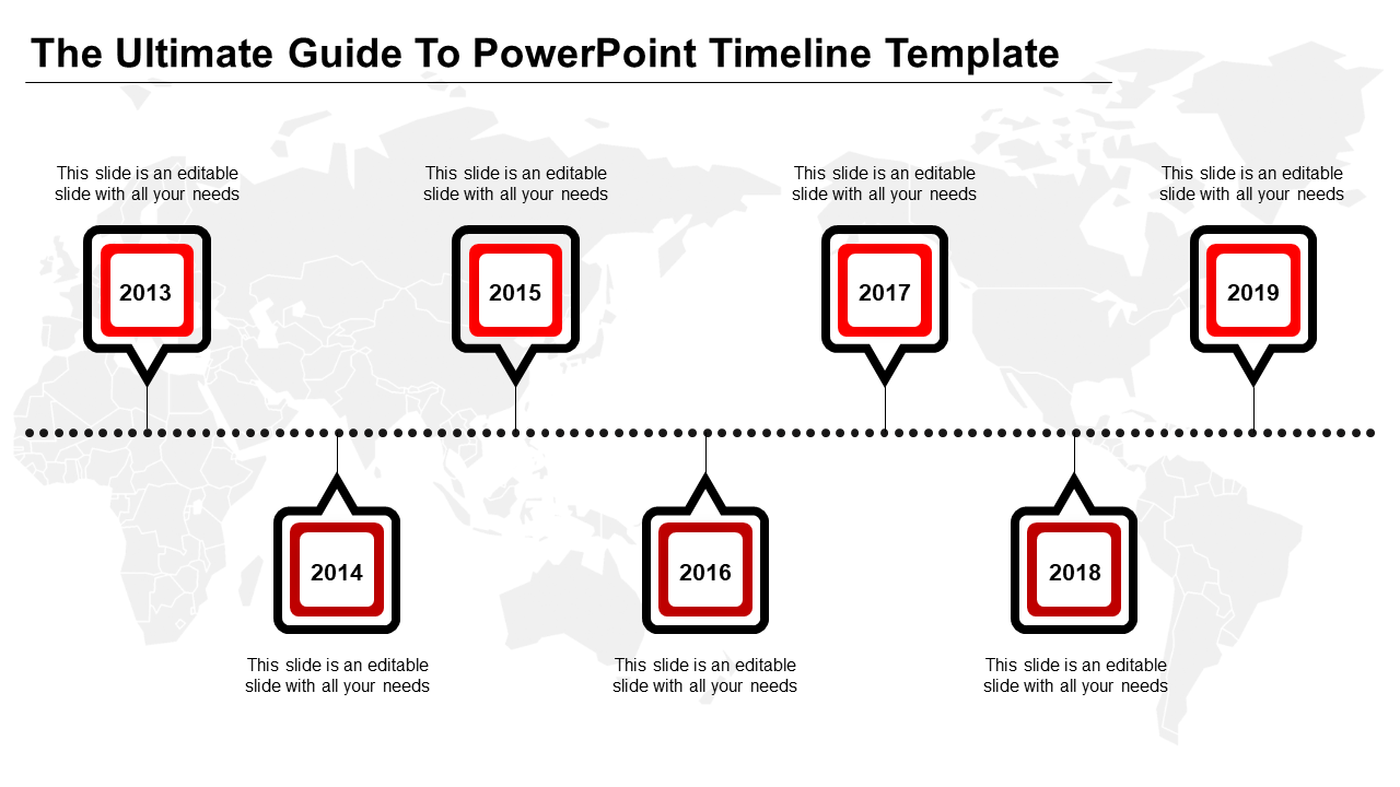 Structured timeline diagram displaying square year markers from 2013-2019, with black and red borders.