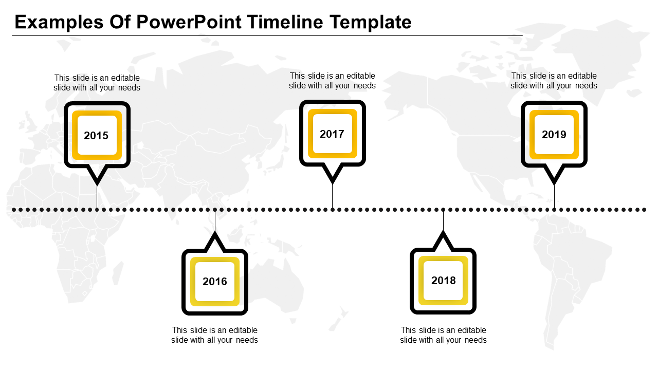Timeline with five yellow square milestone markers for 2015 to 2019, arranged along a dotted horizontal line.