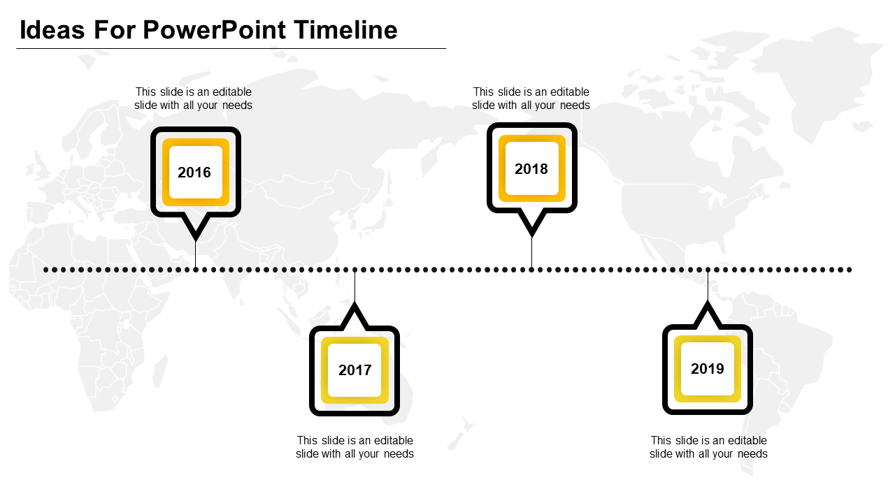 Horizontal timeline with alternating square milestones from 2016-2019, all outlined in yellow and black with caption areas.