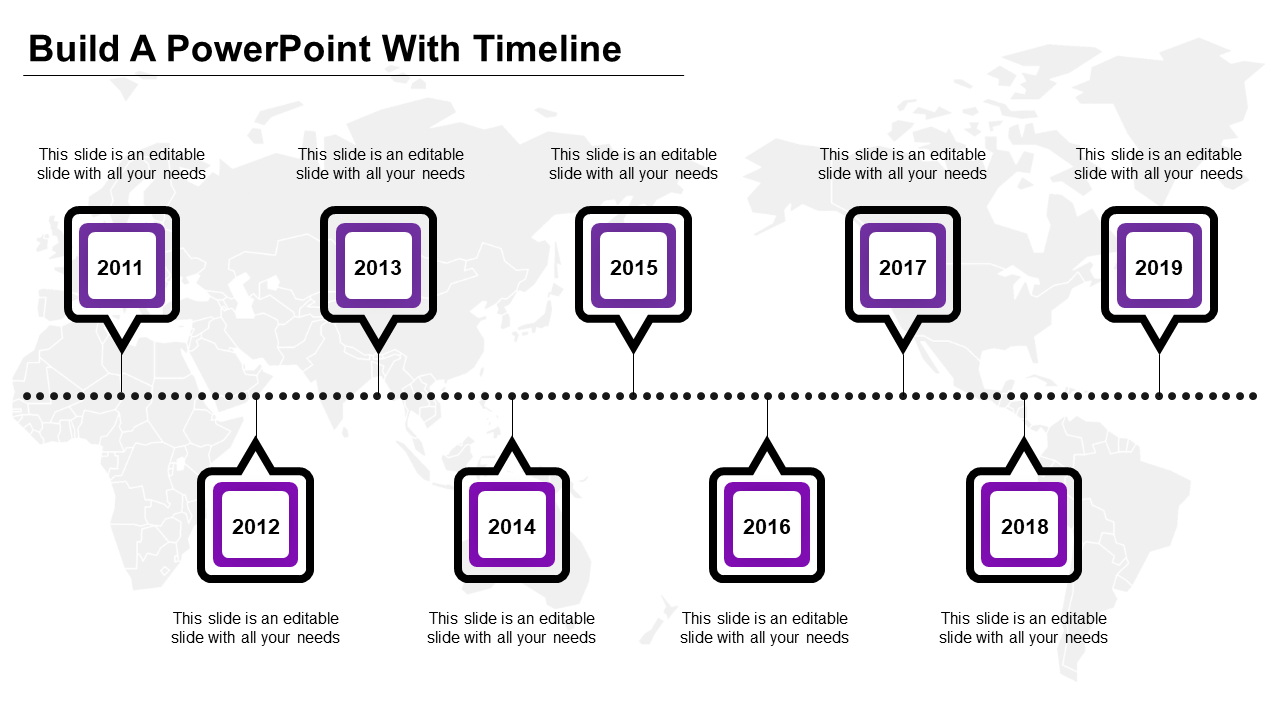 Timeline with nine square shaped purple milestone markers, placed along a dotted horizontal path over a world map.