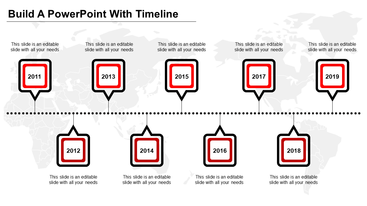 Timeline infographic with nine black and red square labels for years, aligned to a dotted line on a map backdrop.