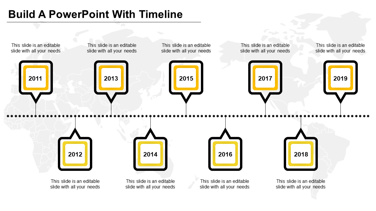 Horizontal timeline with alternating square milestones from 2011-2019, all outlined in yellow and black with caption areas.