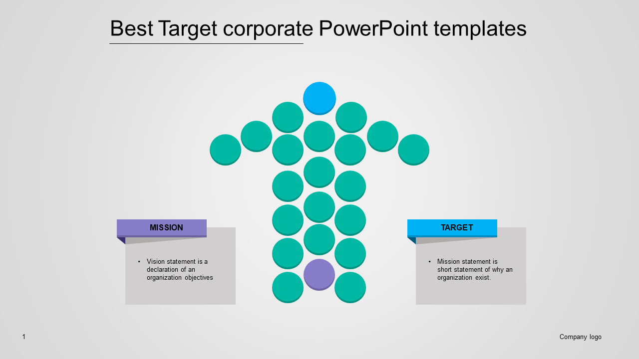 Abstract human figure composed of circular nodes, illustrating corporate objectives, with sections for mission and target.