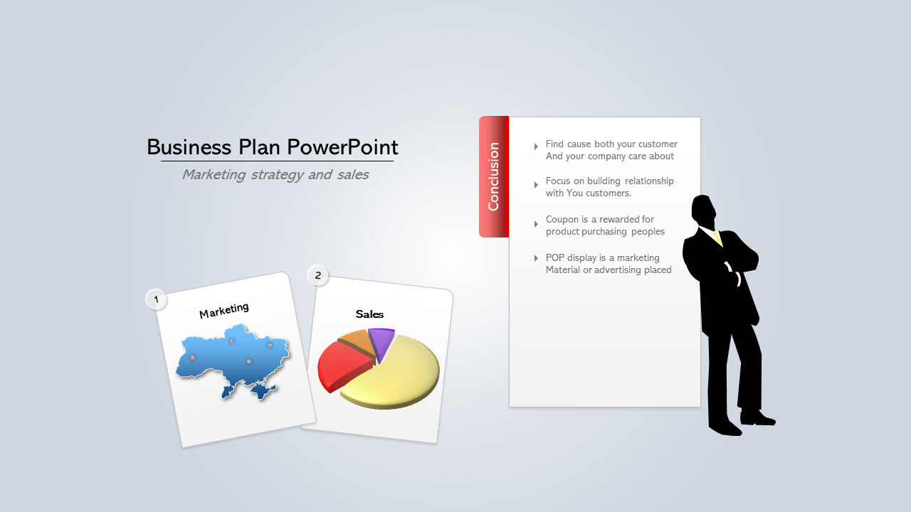 Business plan slide with a map and pie chart for marketing and sales, alongside a concluding section with a presenter.