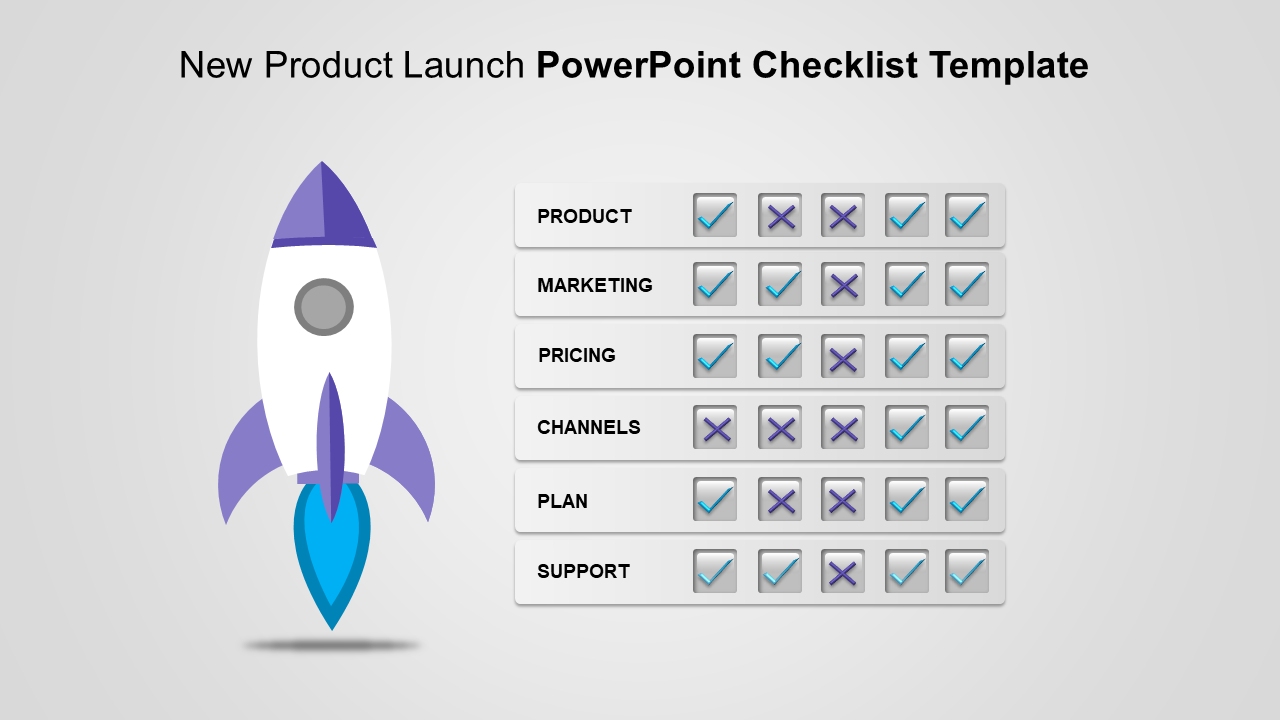 Illustrated rocket with a checklist table displaying product launch tasks, marked with blue checkmarks and purple crosses.