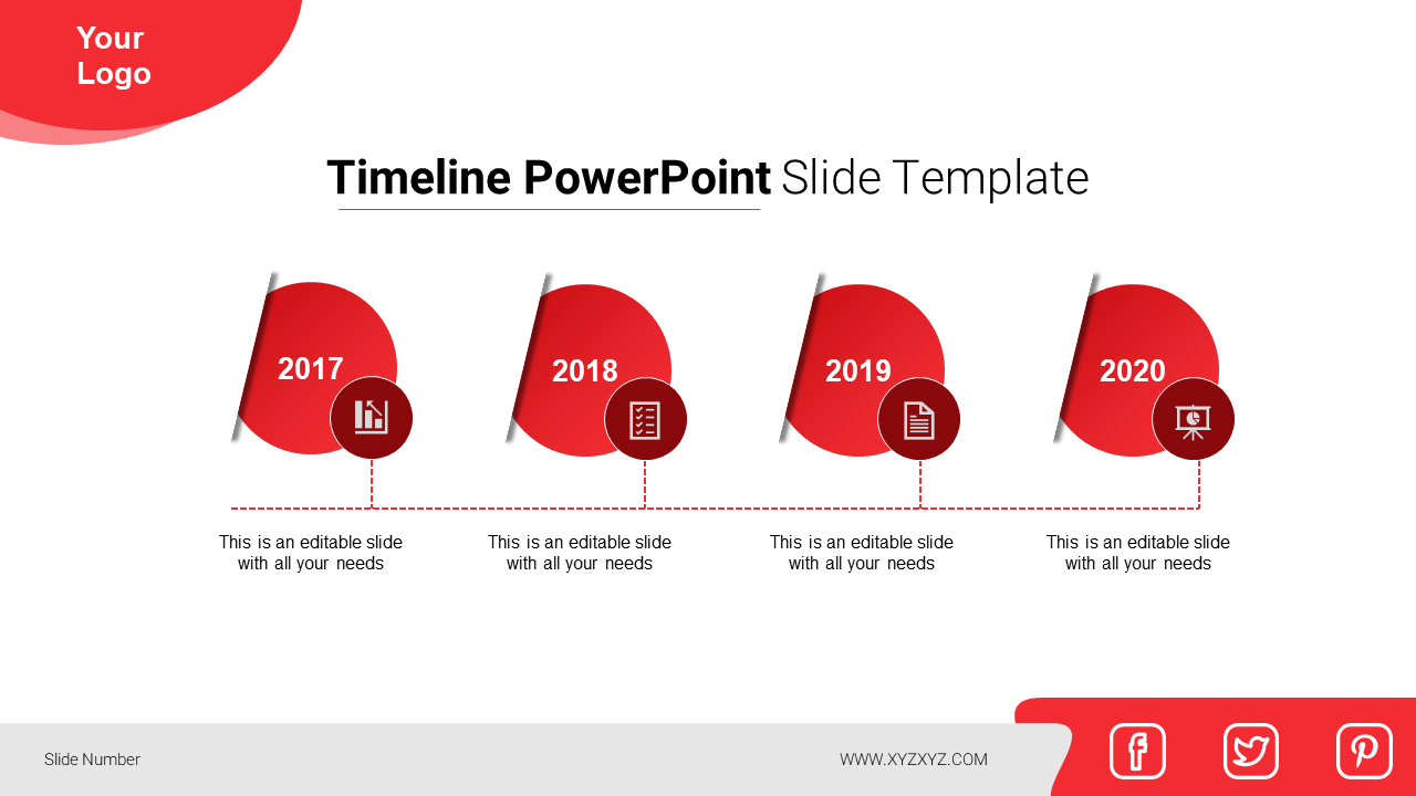 Slide featuring a horizontal timeline with four red semi circle designs and dotted lines connecting descriptive text below.