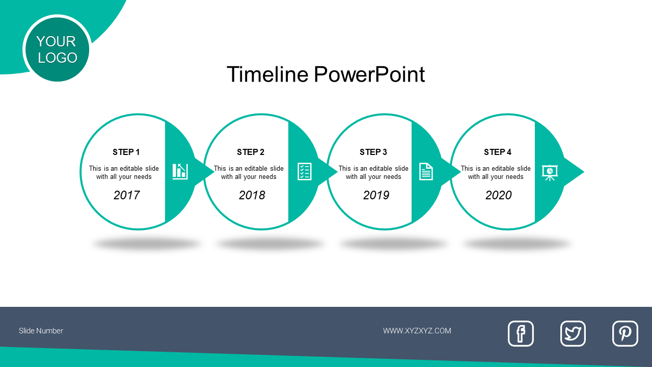 Minimalist timeline design with four connected circular milestones, each labeled with a year, step number, and relevant icon.