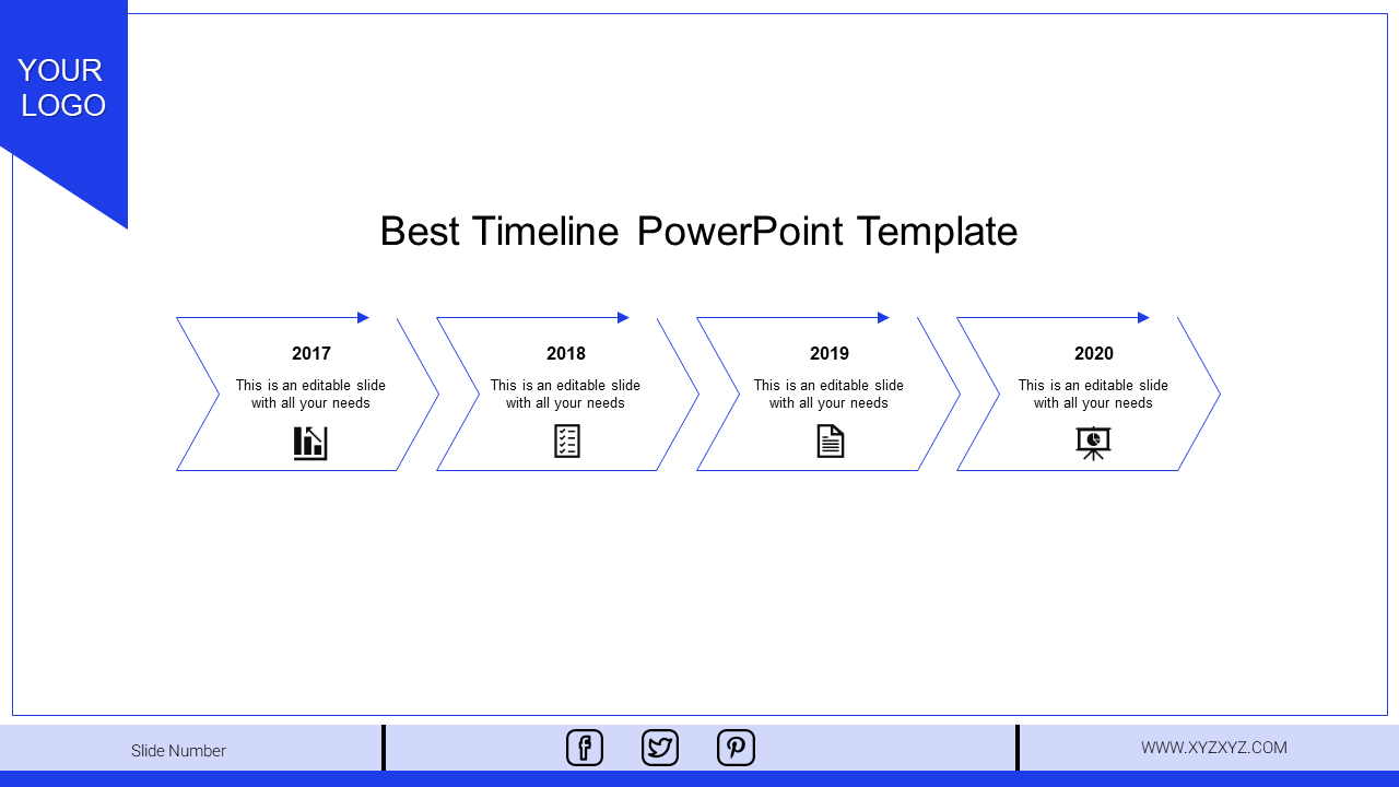 Timeline template showcasing a linear flow from 2017 to 2020, designed with blue outlined arrows and placeholders.