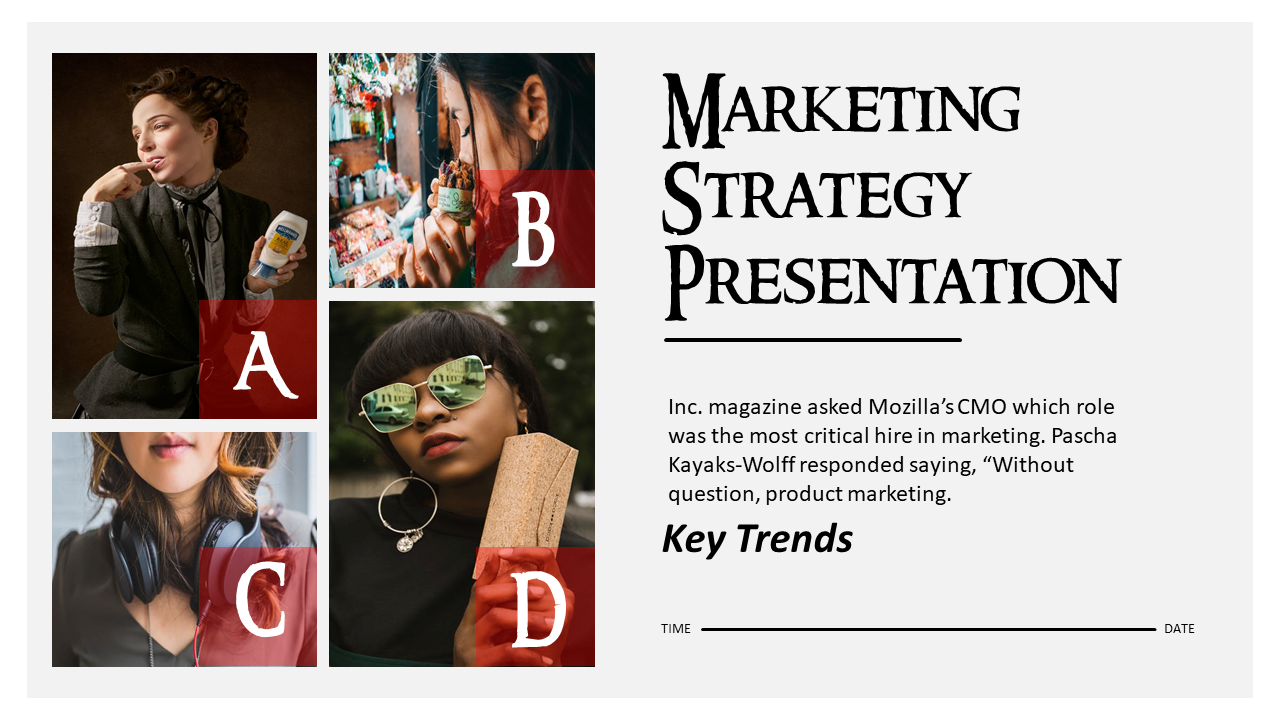 Slide showing four diverse photos labeled A to D, paired with marketing text and trends on the right.