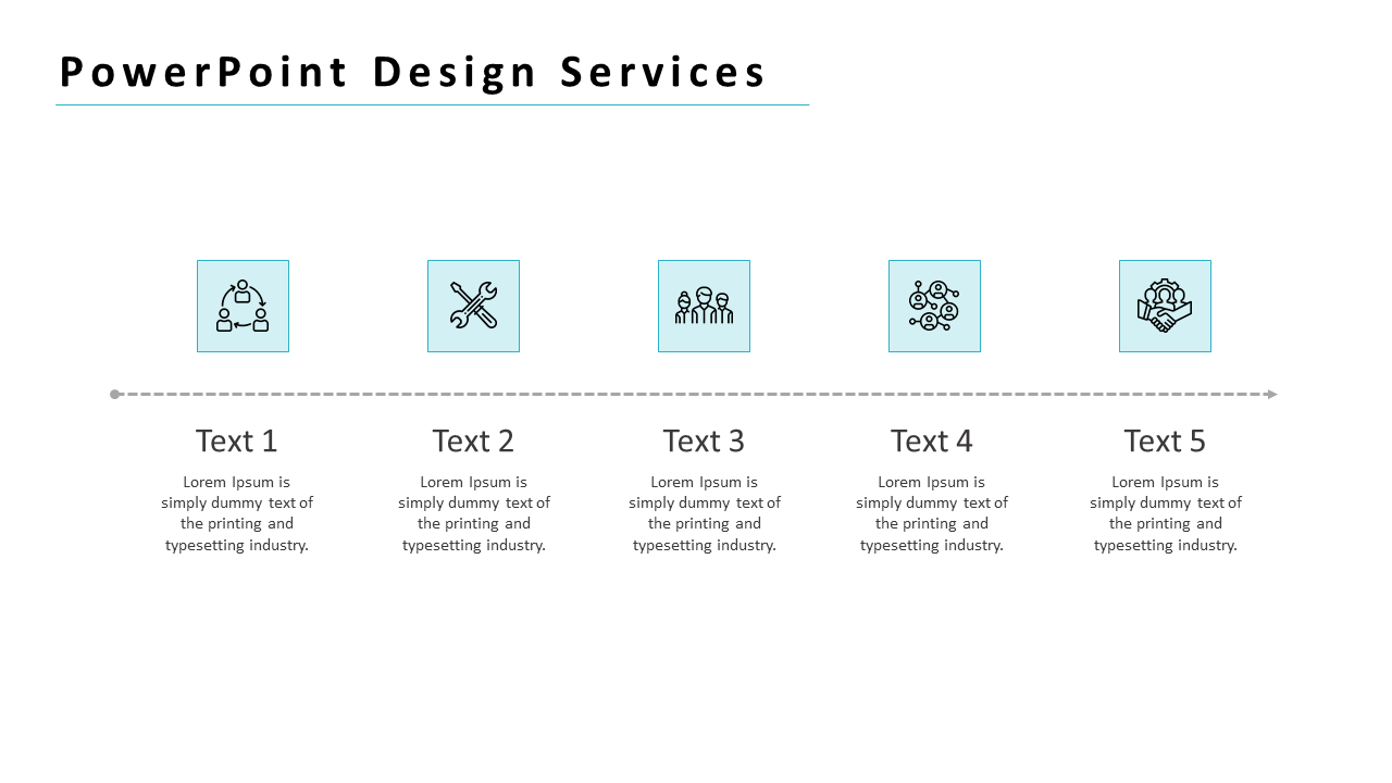 Infographic layout for PowerPoint design services, with five icons representing different aspects above text sections.