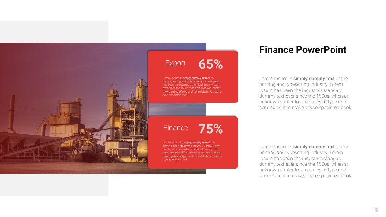 Industrial scene on the left with a gradient background and two red rectangular text boxes featuring percentage values.