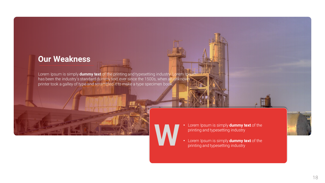 SWOT analysis PPT slide with a factory background and placeholder weakness W symbol with a red text box.