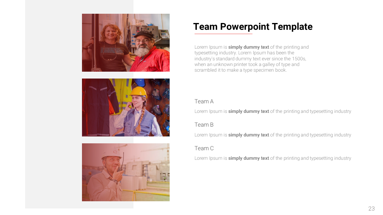 Team PowerPoint template with placeholders for teams A, B, and C, featuring images of workers in safety gear.