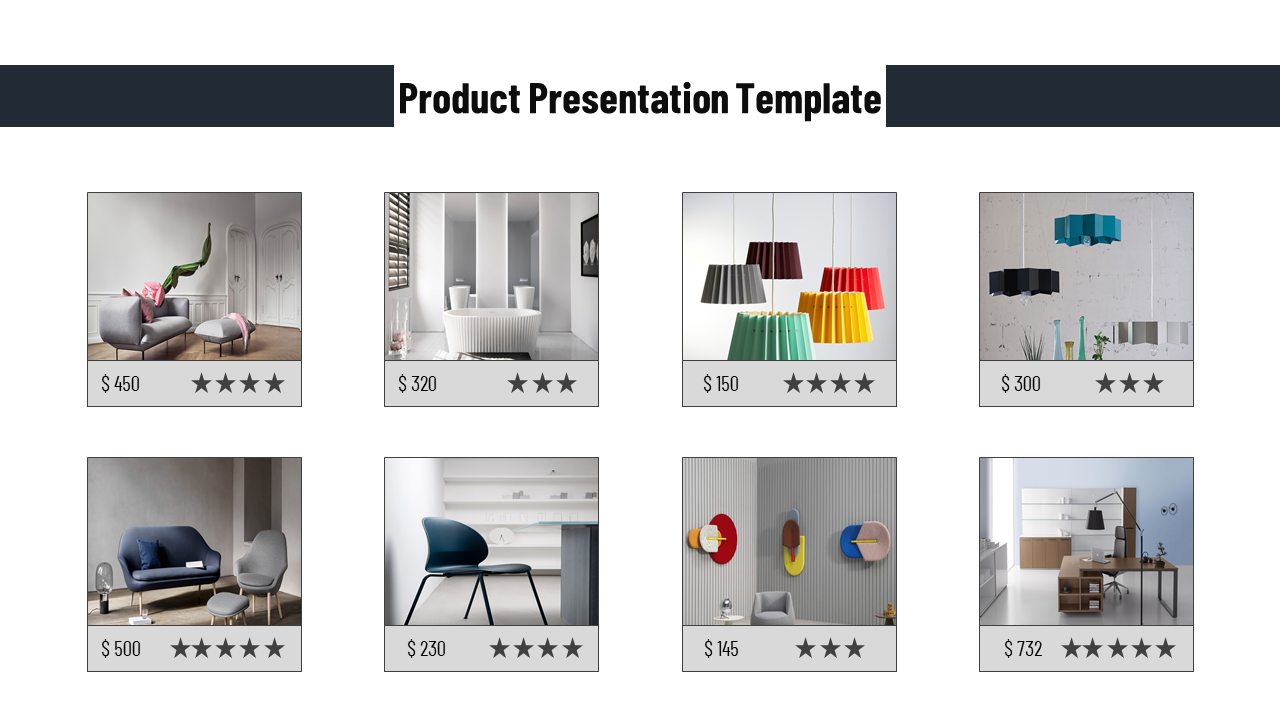 Product presentation slide showing eight furniture items with images, prices, and star ratings in a grid layout.