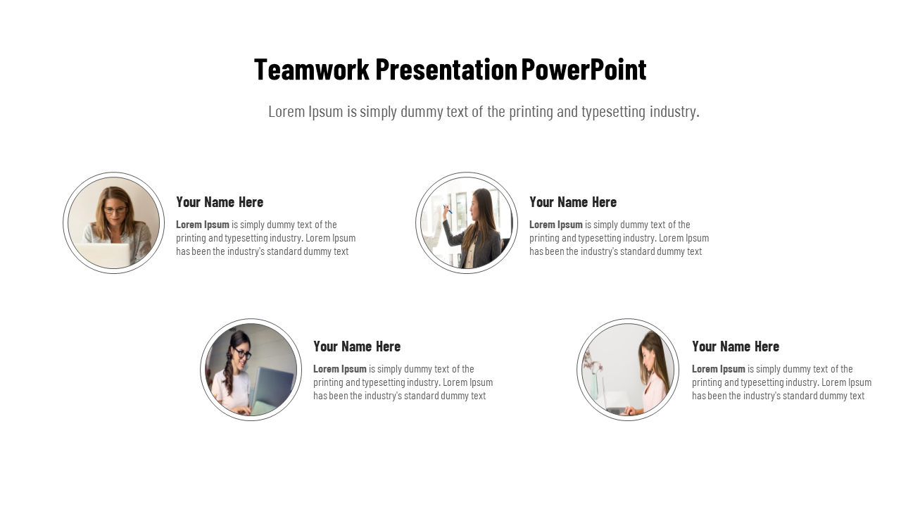 Team introduction slide with four round profile pictures and text descriptions, arranged in a balanced layout.