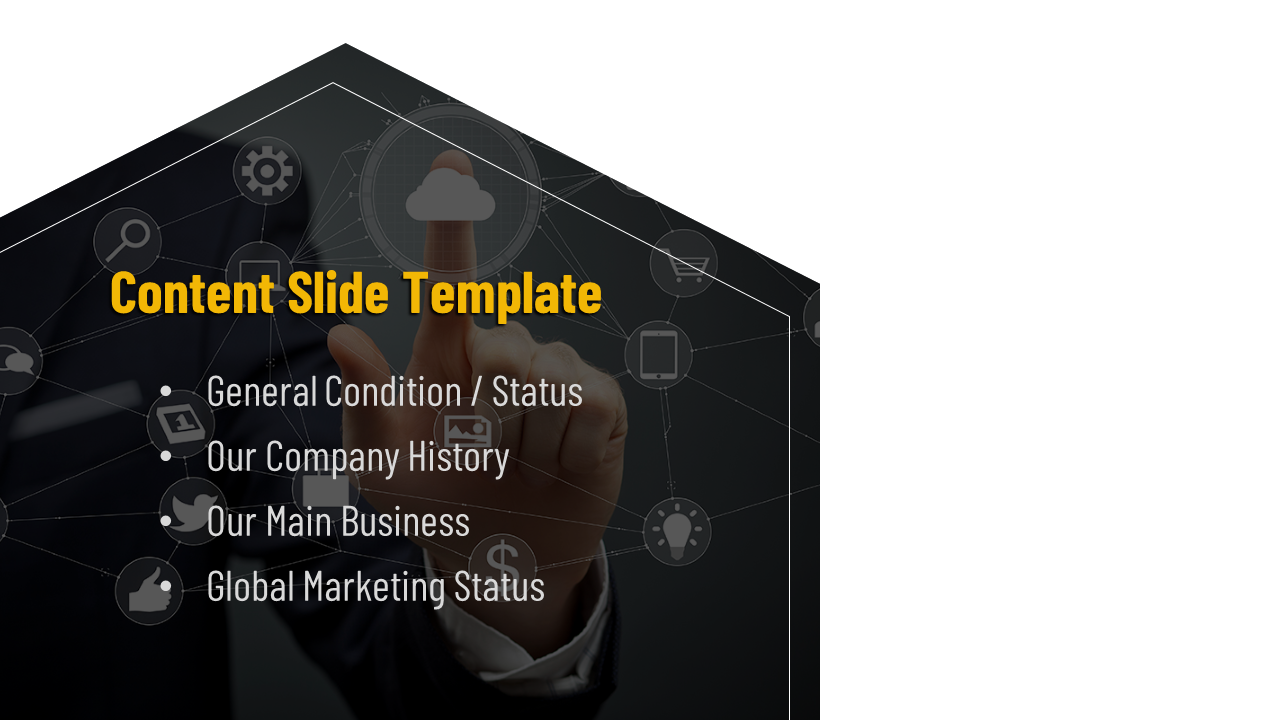 Content slide template featuring a person touching a digital interface with icons, and text, on a dark backdrop.