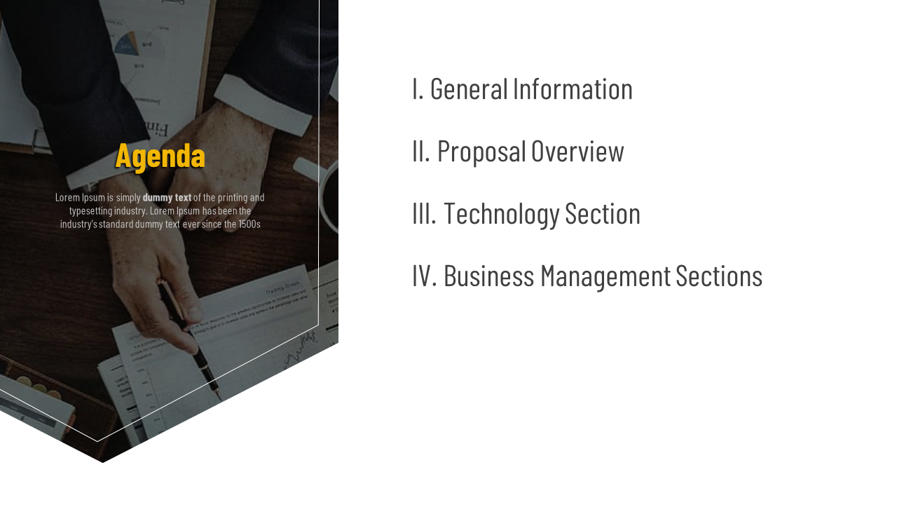 Agenda slide with four sections from general information to business management Sections, alongside a meeting background.