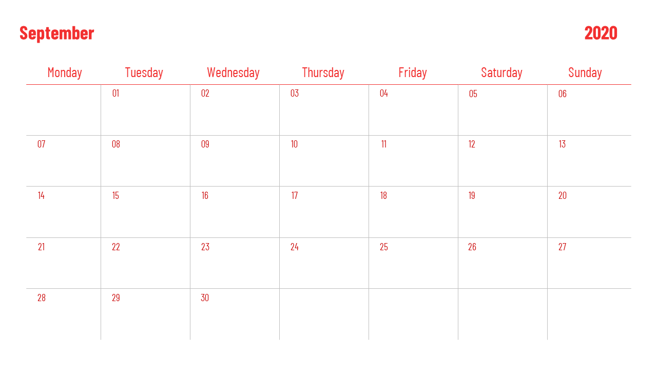 Red-themed September 2020 calendar featuring a Monday-to-Sunday format with a basic grid design.