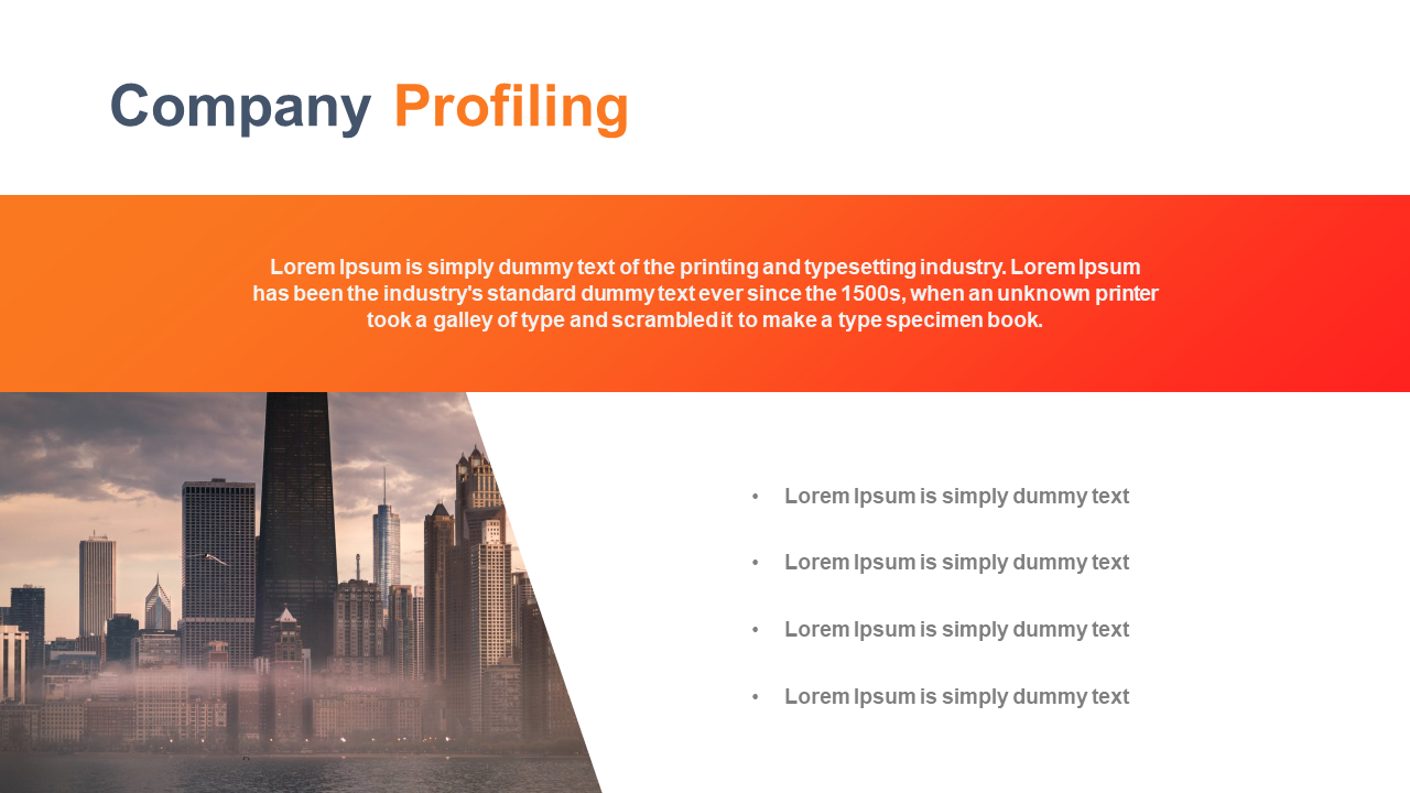 Company profile slide with text about company history, mission, and an image of a city skyline.