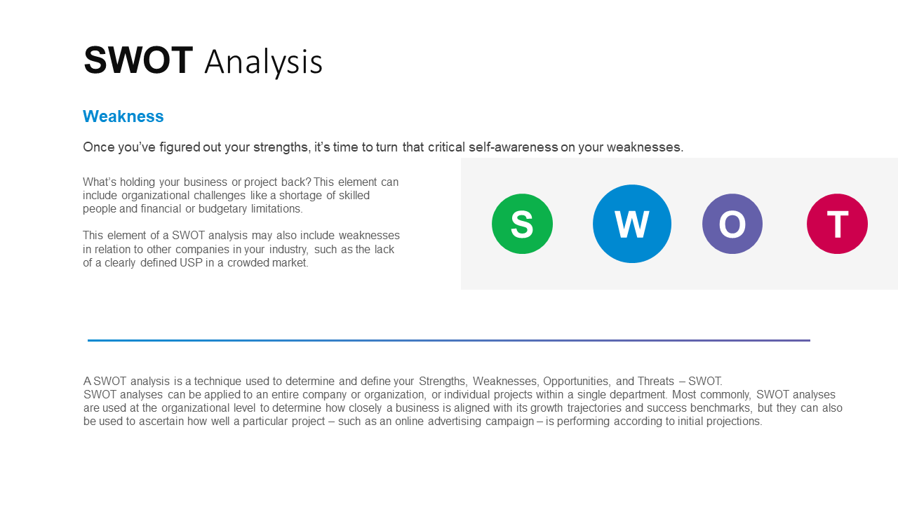 SWOT analysis slide with text and colorful circular icons in green, blue, purple, and red, representing each element.