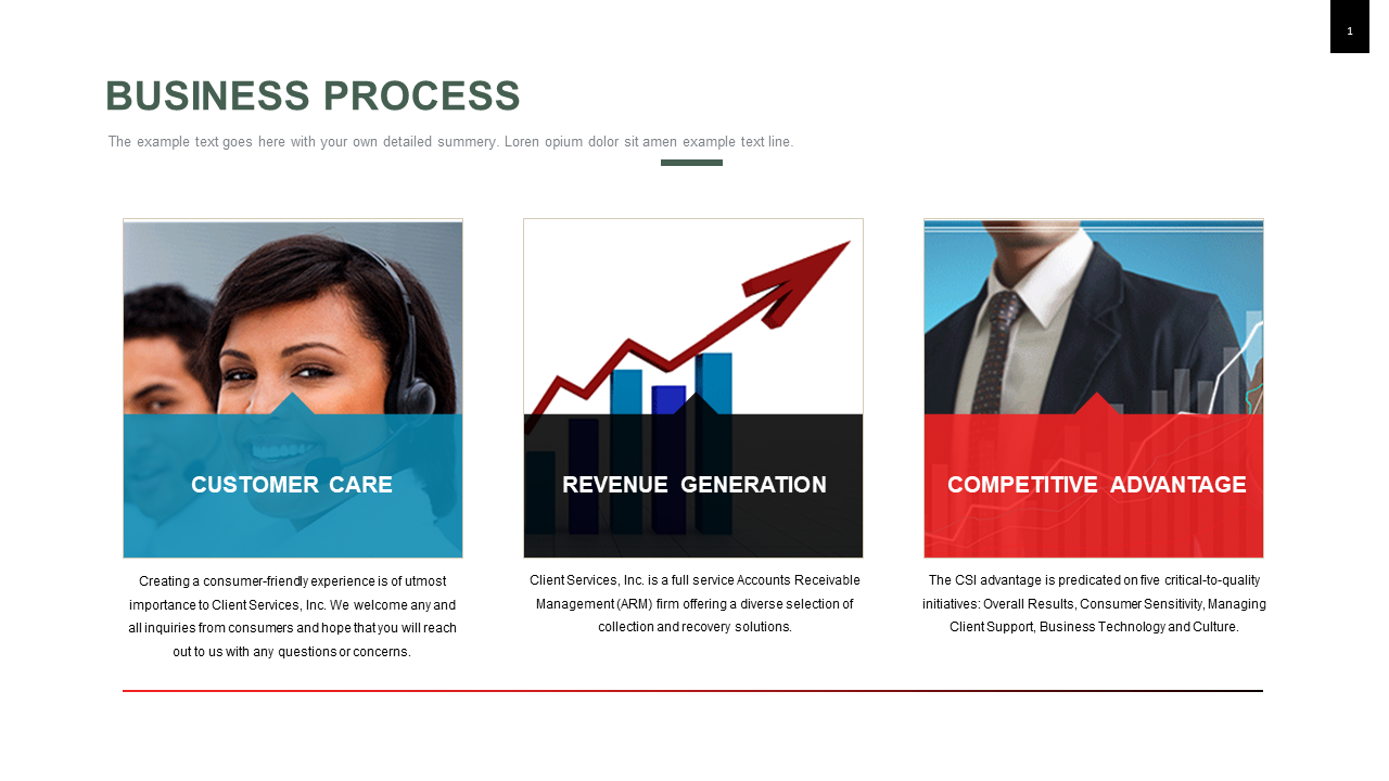 Business Process featuring three visual panels representing customer service, revenue growth, and competitive advantage.