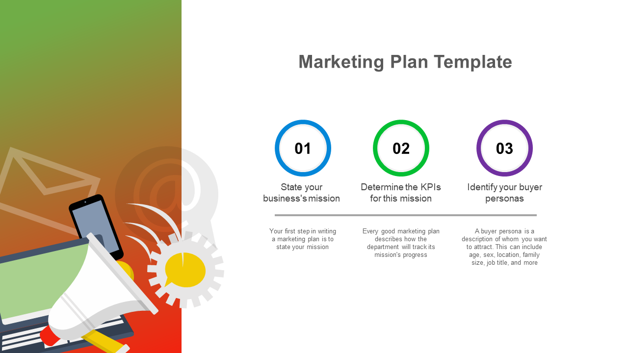Marketing slide featuring a laptop, megaphone, and phone with gradient backgrounds and three colored circles with text below.