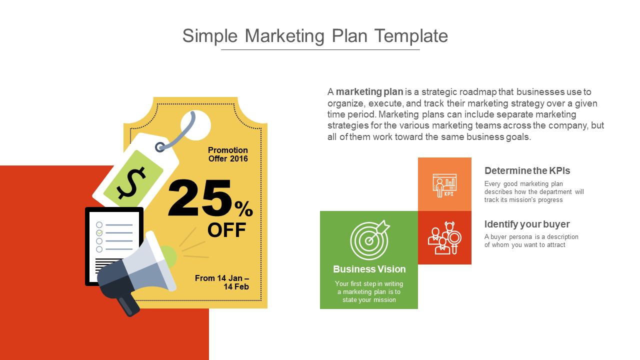 Colorful marketing slide featuring a yellow discount label and three business icons and text sections on right.