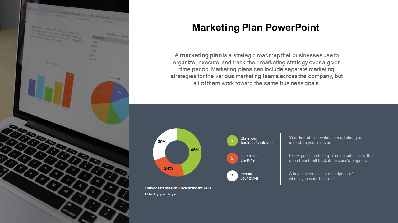 A marketing plan PowerPoint slide featuring a laptop displaying charts and graphs, with steps for creating a marketing plan.