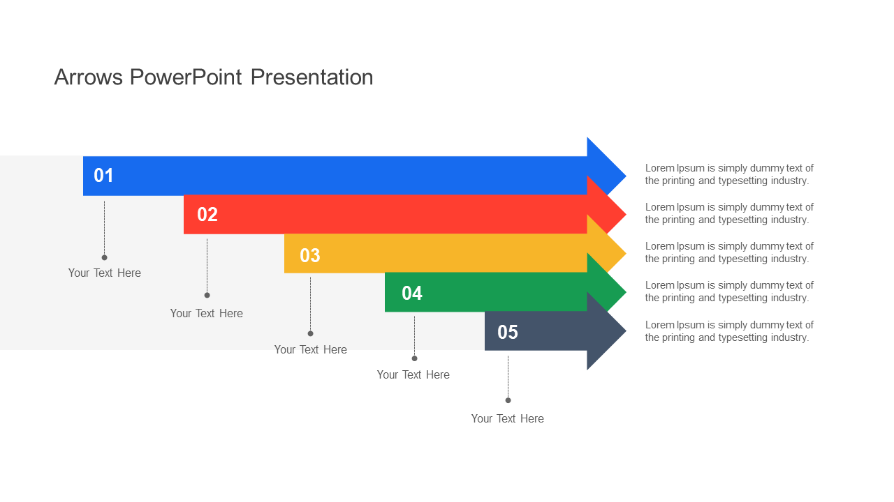 An arrows PowerPoint slide with five colored arrows, each labeled with numbers and placeholder text.