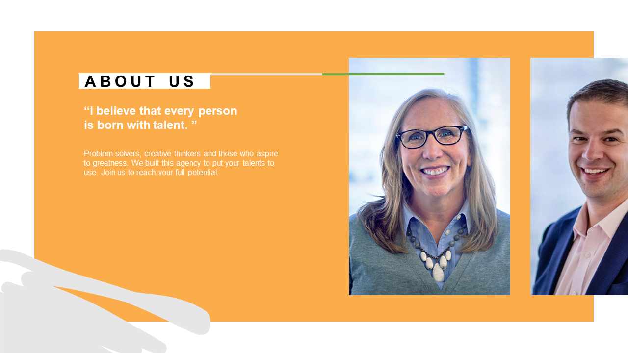 About Us PowerPoint template with two professional portraits and a motivational quote on talent and creativity.