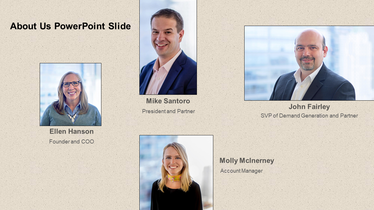 About Us PPT slide showcasing four professionals with their names and roles.