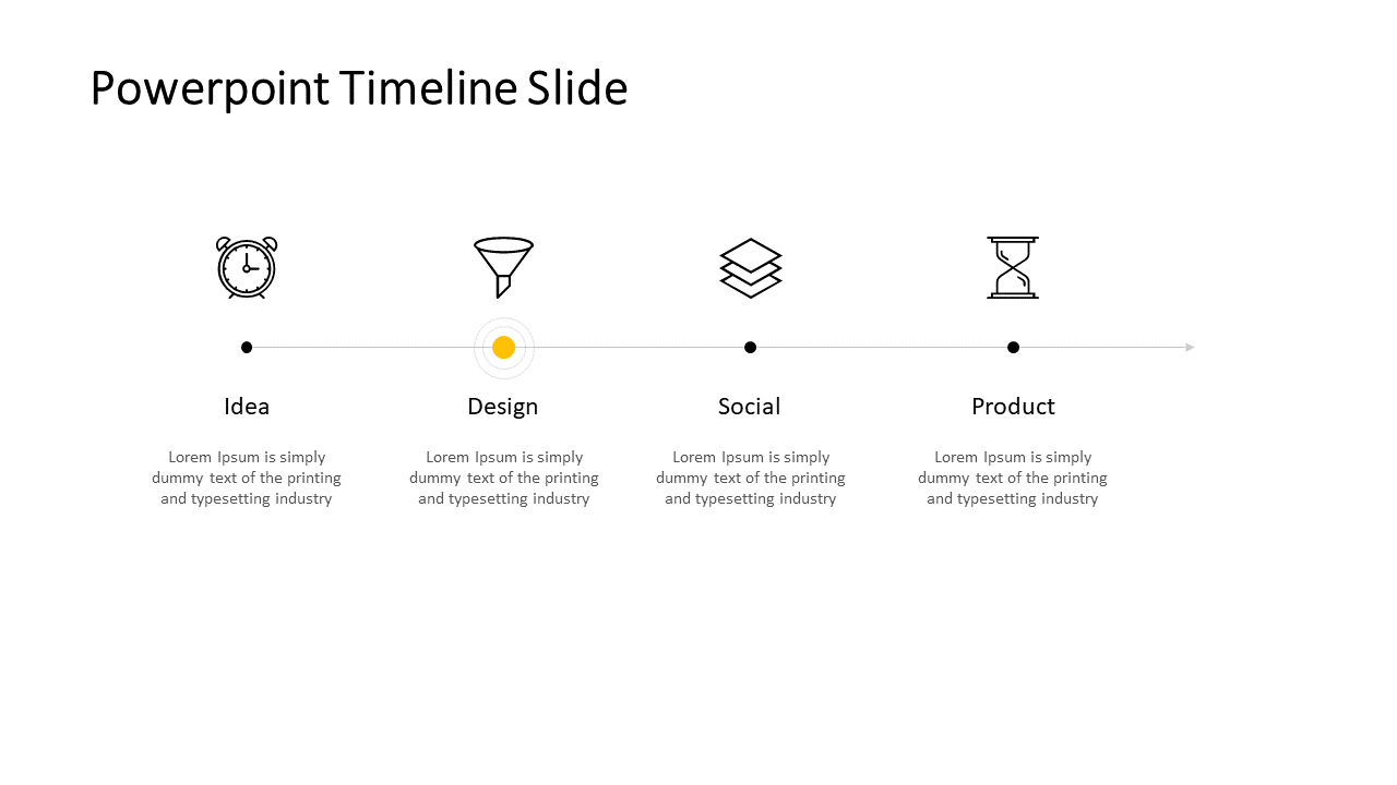Horizontal timeline design with four milestones in black and white icons, and a subtle yellow highlight on the second step.