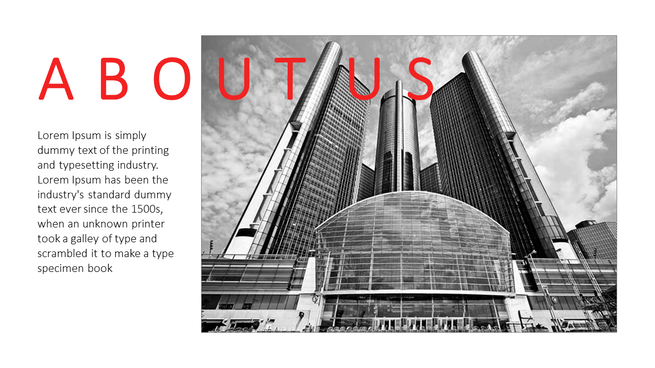 High rise glass buildings in black and white with about us in bold red letters above, and a text block on the left.