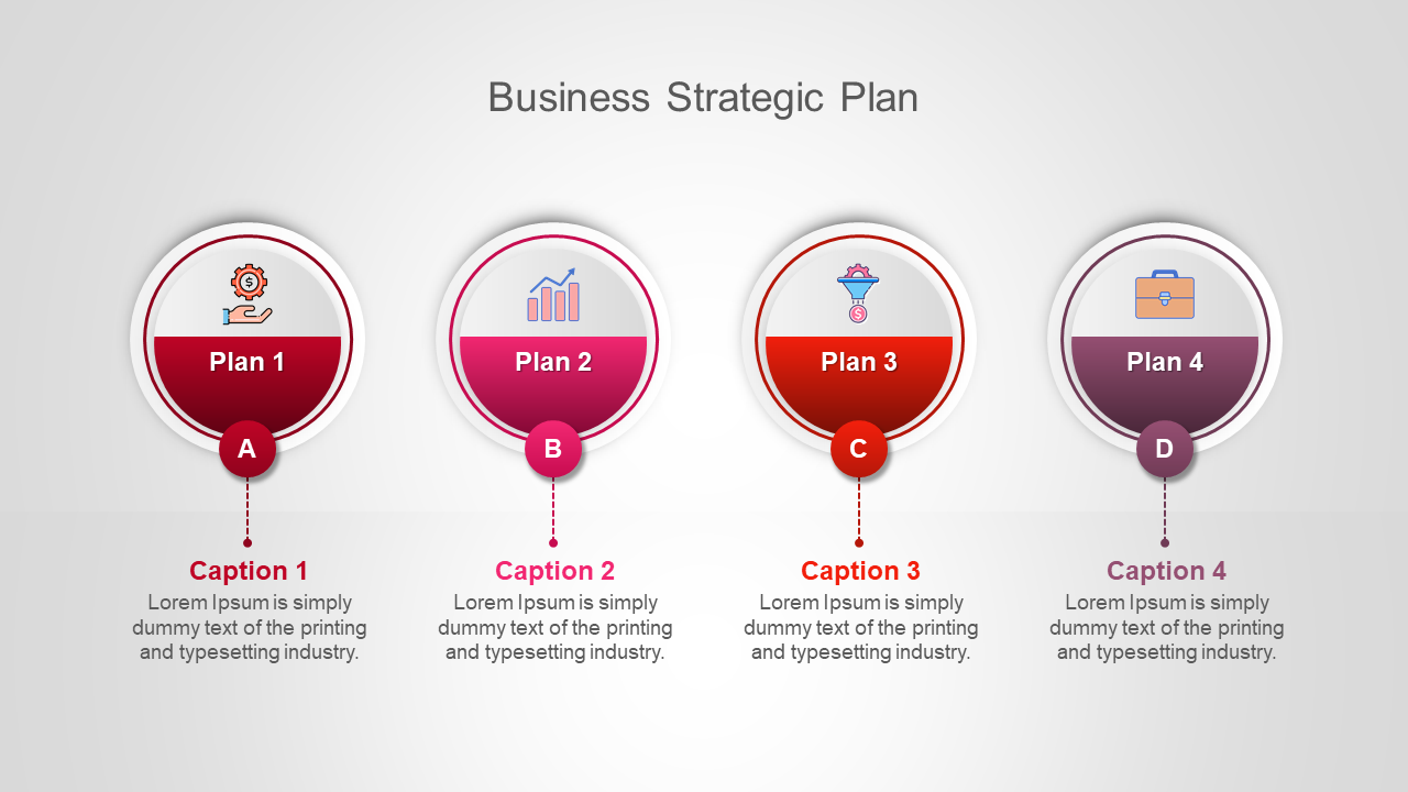 Business strategic plan infographic with four circular icons labeled with plans, each linked to captions with descriptions.