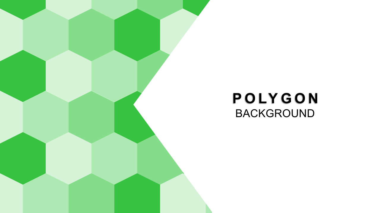 Polygonal background with green hexagonal shapes on the left, transitioning to a white area with text on the right.