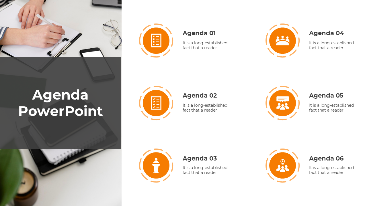 Business agenda slide featuring a workspace image on the left and six structured agenda points with icons on the right.