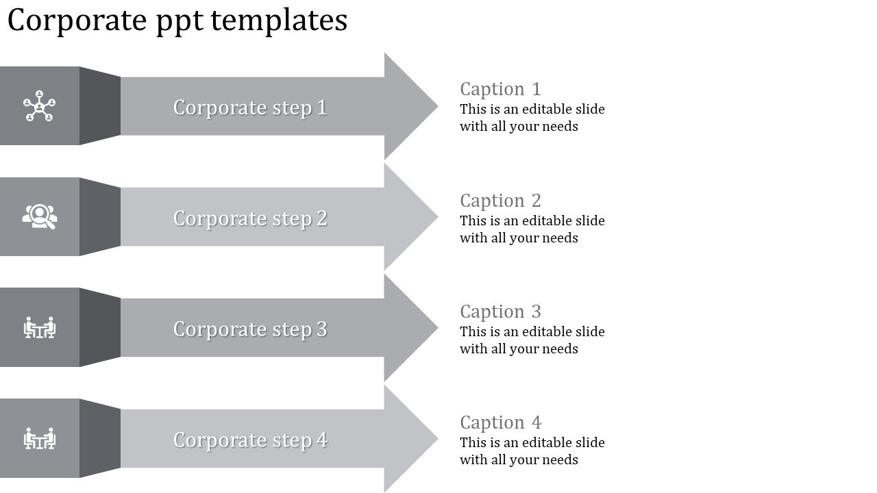 Corporate PowerPoint template featuring four steps with icons for network, team, and business collaboration.