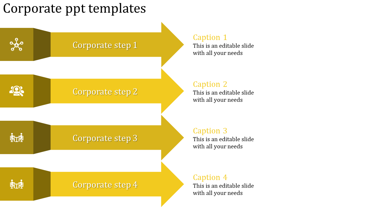 Template featuring a four-step corporate strategy with gradient yellow arrows, icons, and explanatory captions.