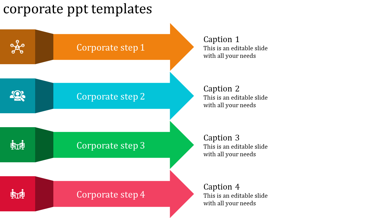 Corporate slide with multicolor horizontal arrows in orange, blue, green, and red, aligned vertically.