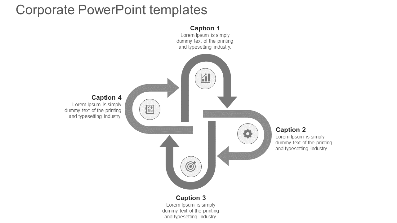 Grayscale corporate PowerPoint template with four arrows representing key business concepts with icons and captions.