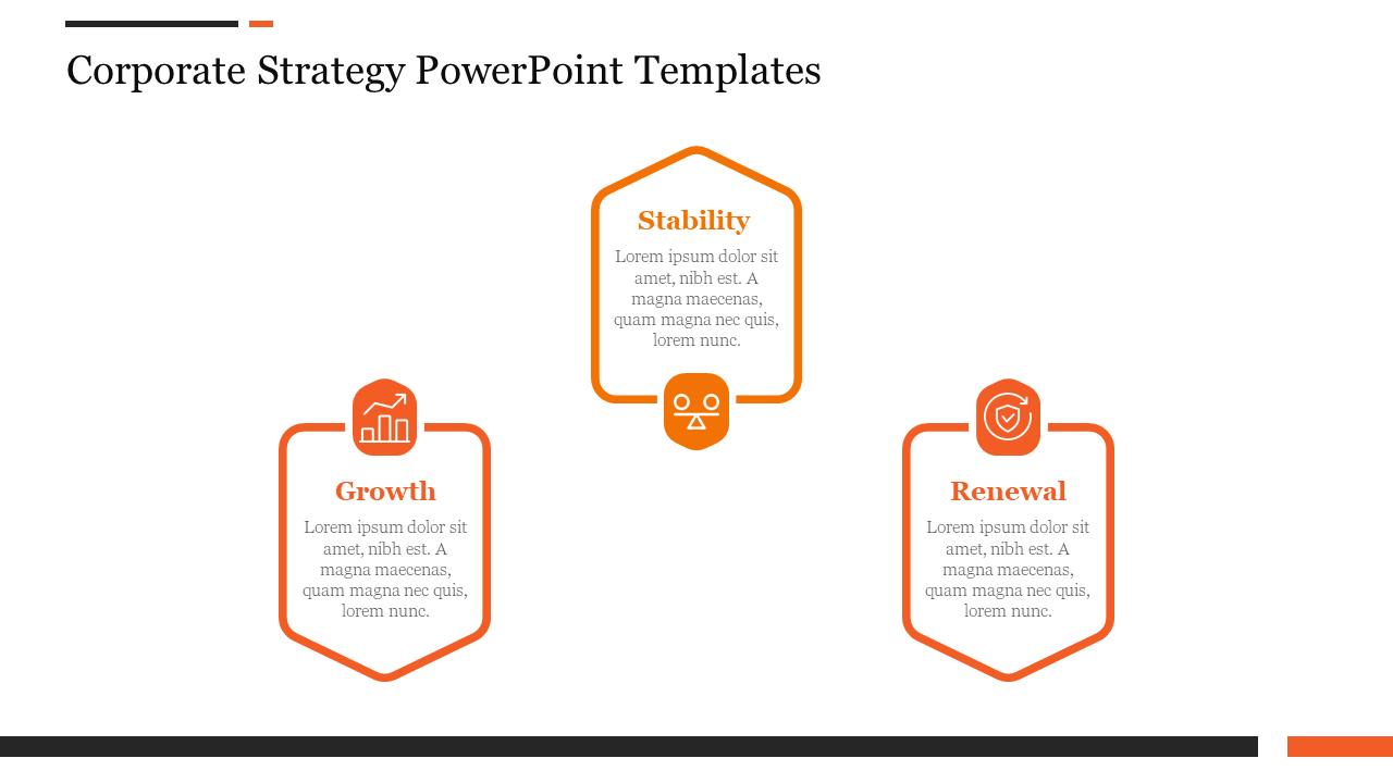Corporate strategy PPT template with three key areas growth, stability, and renewal, each with an icon and description.
