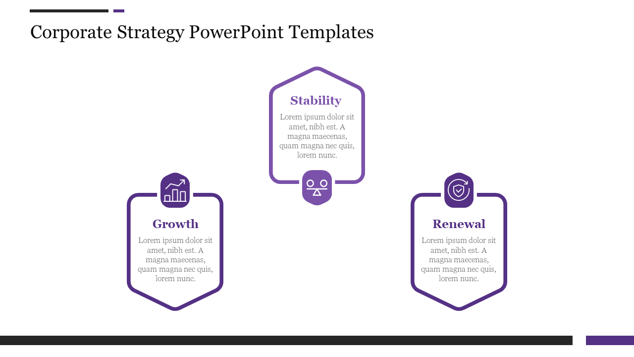 Corporate strategy template with three vertical steps each with icons and captions areas placed in white backdrop.