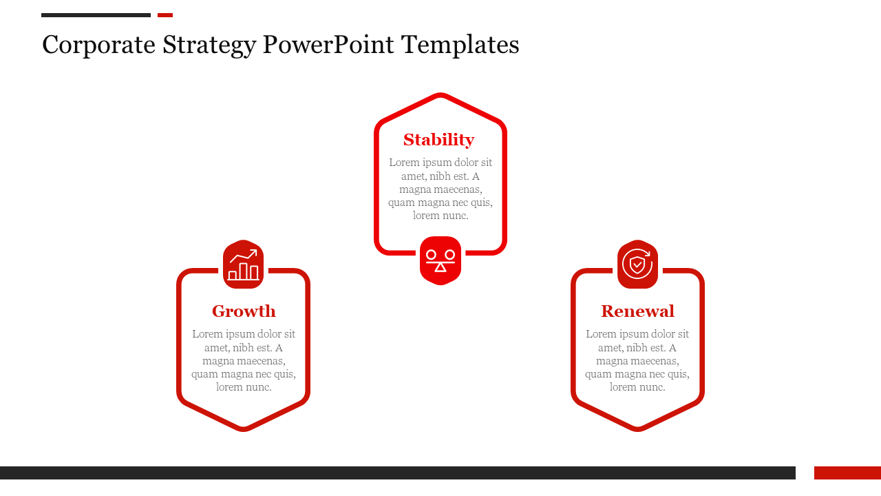 Corporate strategy template with three red hexagonal frames, each with icons and placeholder text.